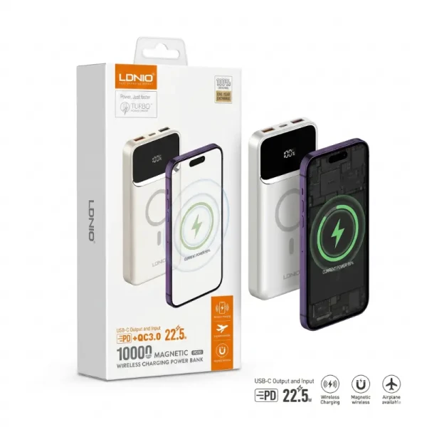 باور بانك لدنيو المغناطيسي اللاسلكي LDNIO PQ12 بقوة 22.5W وسعة 10000mAh | يدعم الماغ سيف والـ PD الشحن السريع، وشاشة رقمية LED