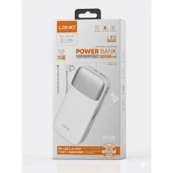 باور بانك لدنيو الأصلي LDNIO PQ20 بسعة عملاقة 20000mAh وقوة 22.5W | شاشة رقمية LED، وكابلين مدمجين 20W يدعم آيفون 15 و16