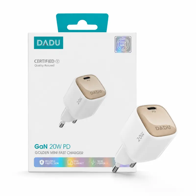 رأس شاحن دادو الأصلي DADU GaN بقوة 20W PD | شحن سريع ميني، تصميم ذهبي فخم، وأمان عالي